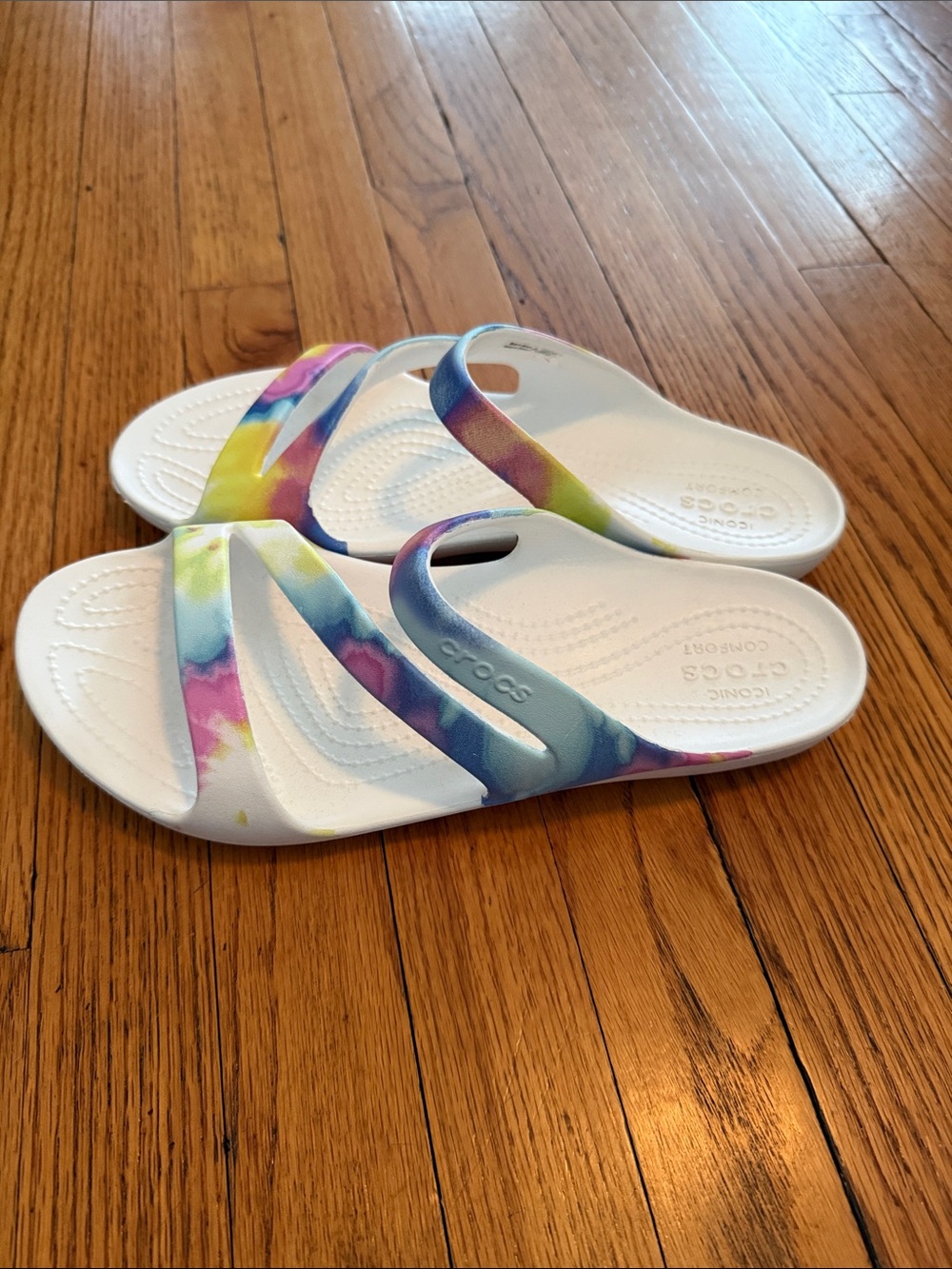 CROCS White Slides with Rainbow Tie-Dye Straps - Picture 2 of 3